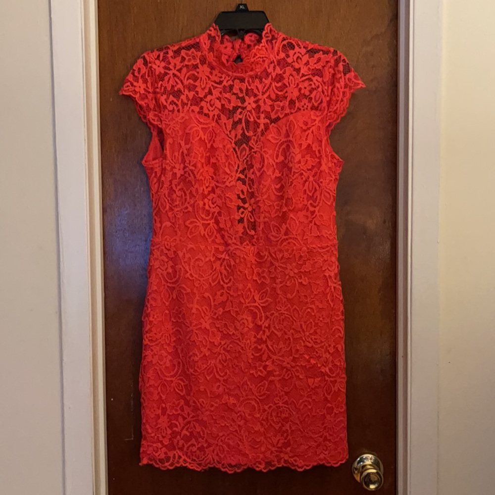 BeBe High Collar Short Sleeve Lace Dress - Picture 1 of 3